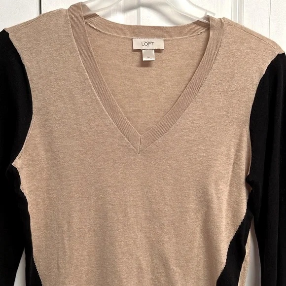Loft TanBlack Cream Trim Long Sleeve V Neck Cotton Knit Top Size M - Picture 2 of 7